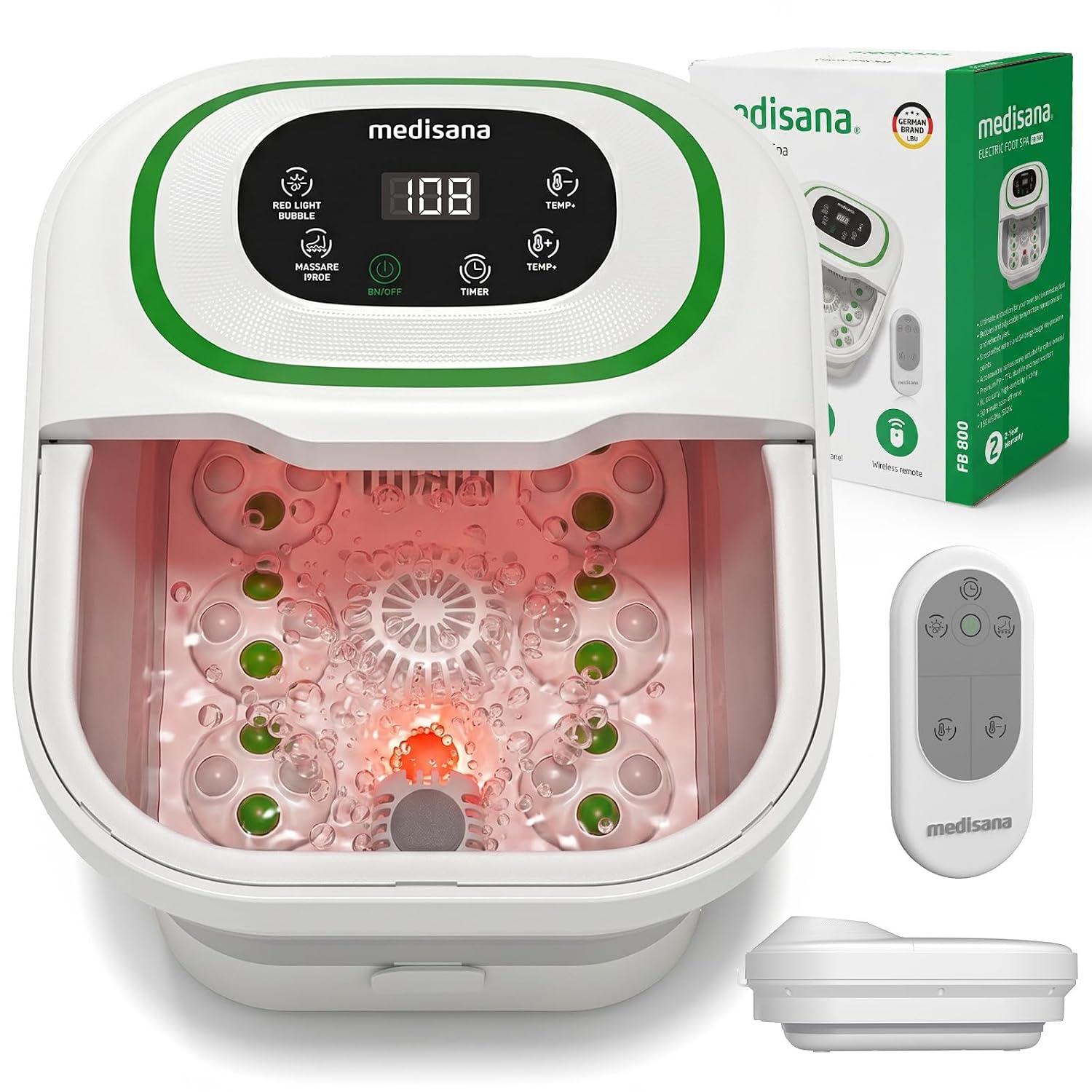 Medisana Collapsible Foot Spa Bath with Motorized Roller & Temp Control, Foot Soaking Tub for Plantar Fasciitis & Muscle Soreness, with Bubble, Red Light Therapy & Remote