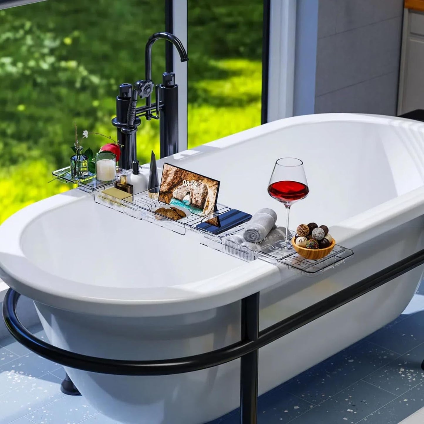 Expandable Acrylic Bathtub Tray for Tub, Bath Caddy Tray Table for Bathtub, Adjustable from 31.5 to 41 inch, Bathtub Rack fits Most Bathtubs and Bathroom Décor, Bath Tub Shelf Accessories for Women