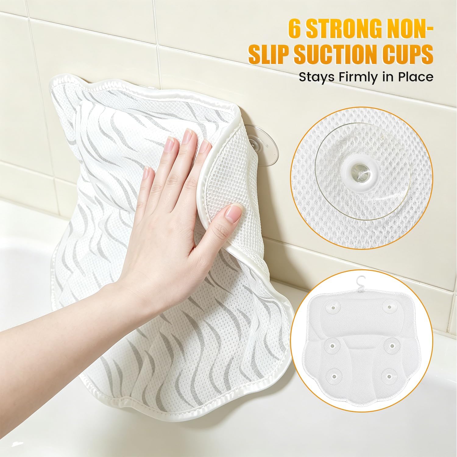Bath Pillow for Tub, Ergonomic Neck Support Spa Bath Cushion | 4D Hollow Air Mesh,Quick-Dry & Breathable,ergonomic head neck support,6 heavy-duty suction cups for home spa tub soak