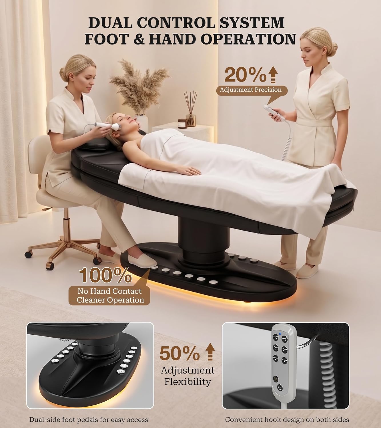 VARONXE Fully Electric Massage Table Esthetician Bed, Adjustable Spa Facial Bed Lash Chair with Light, Ergonomic Medical Exam Table for Beauty Treatment Tattooing Waxing, Black Stool