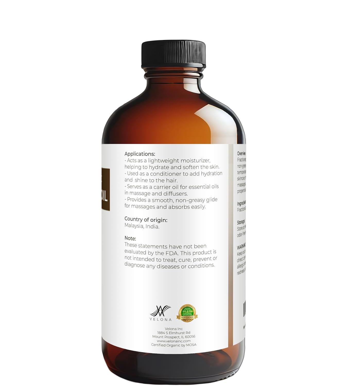 velona USDA Certified Organic MCT Coconut Oil - 16 fl oz in Glass Bottle | 100% from Coconut | Fractionated | Skin, Face, Body, Hair Care