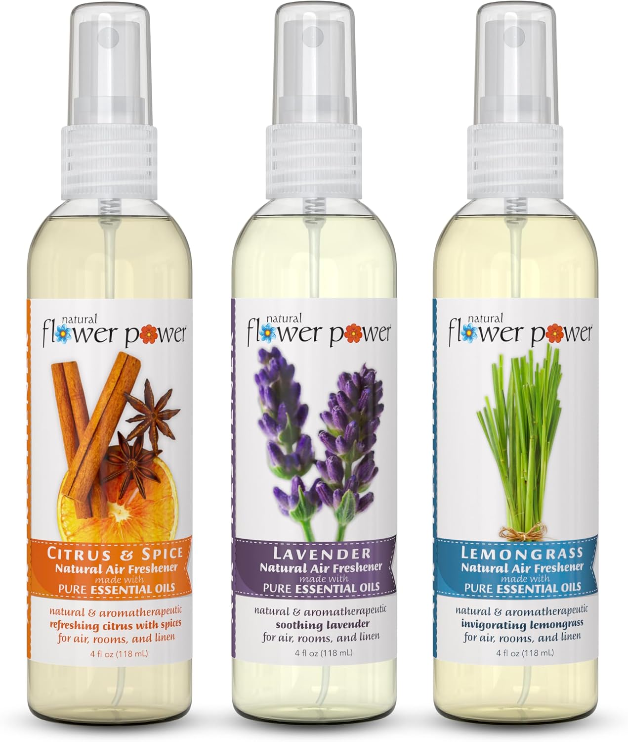 Natural Flower Power Air Freshener Spray - Odor Eliminator with Essential Oils for Home, Car & Fabric - Cruelty Free & Vegan - Variety Pack - Citrus & Spice + Lavender + Lemongrass - 3 x 4 fl oz