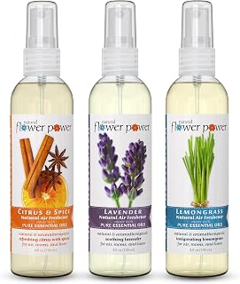 Natural Flower Power Air Freshener Spray - Odor Eliminator with Essential Oils for Home, Car & Fabric - Cruelty Free & Vegan - Variety Pack - Citrus & Spice + Lavender + Lemongrass - 3 x 4 fl oz