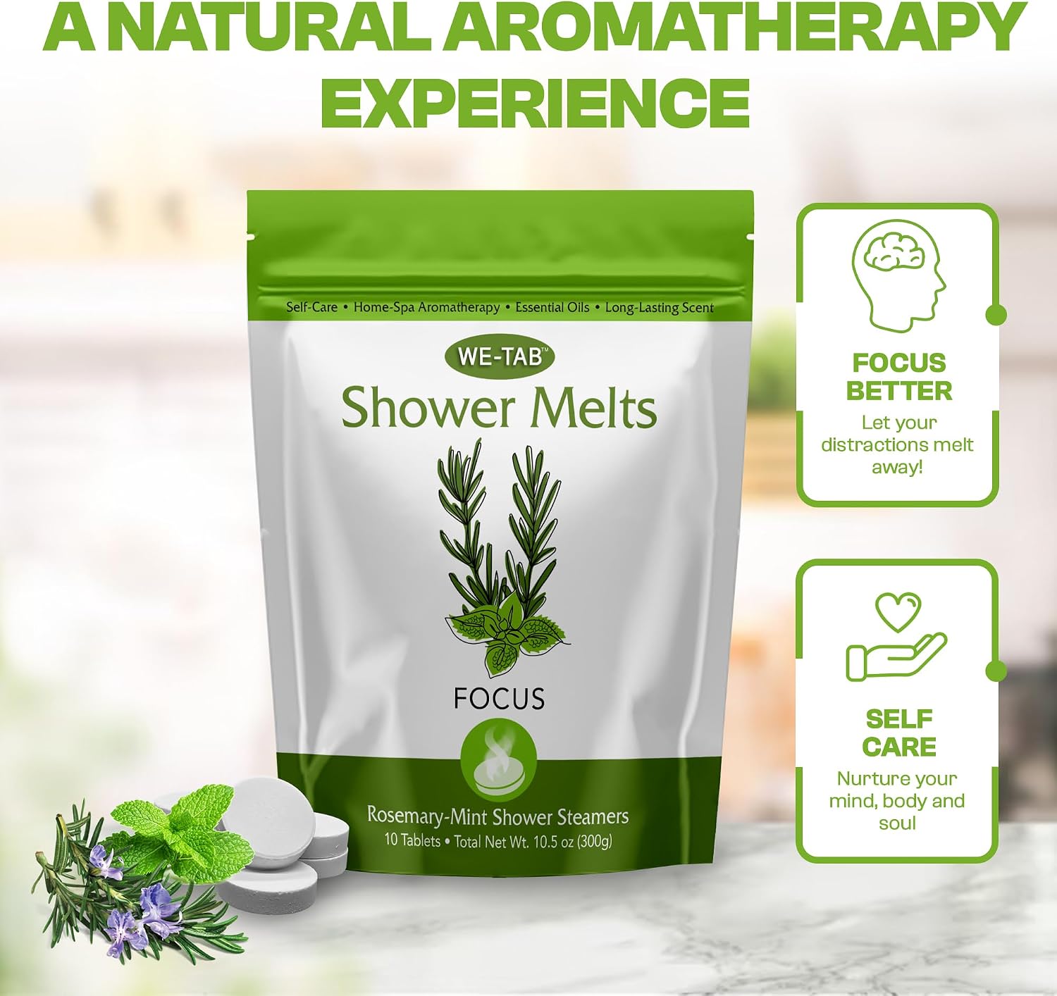 Shower Steamers 10-pk with Essential Oil Aromatherapy to Focus, Long Lasting Rosemary Mint Scent, No Stain or Artificial Dye, for Relaxation, Stress Relief & Self Care