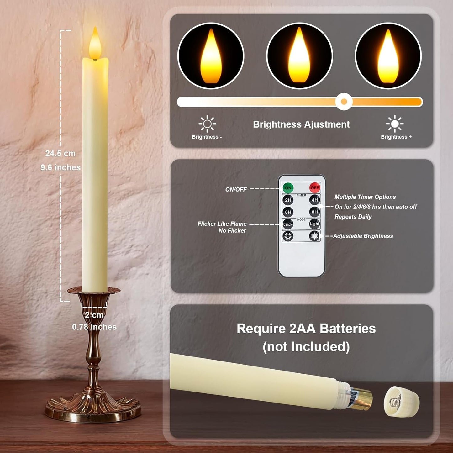 6 Pcs Flameless Taper Candles with Remote Timer Dimmer, 9.6 inches Ivory Plastic LED Candlesticks, Battery Operated LED Candles, for Indoor Home Wedding Christmas Decoration