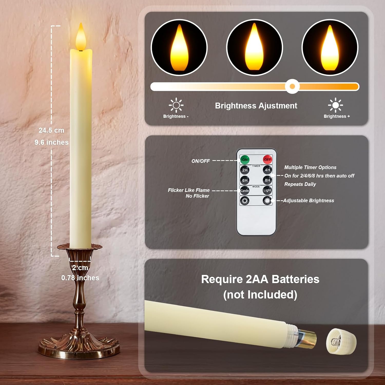 6 Pcs Flameless Taper Candles with Remote Timer Dimmer, 9.6 inches Ivory Plastic LED Candlesticks, Battery Operated LED Candles, for Indoor Home Wedding Christmas Decoration