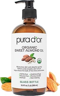 PURA D'OR ORGANIC Sweet Almond Oil (16.9 Oz GLASS BOTTLE) 100% Pure & Natural USDA Certified