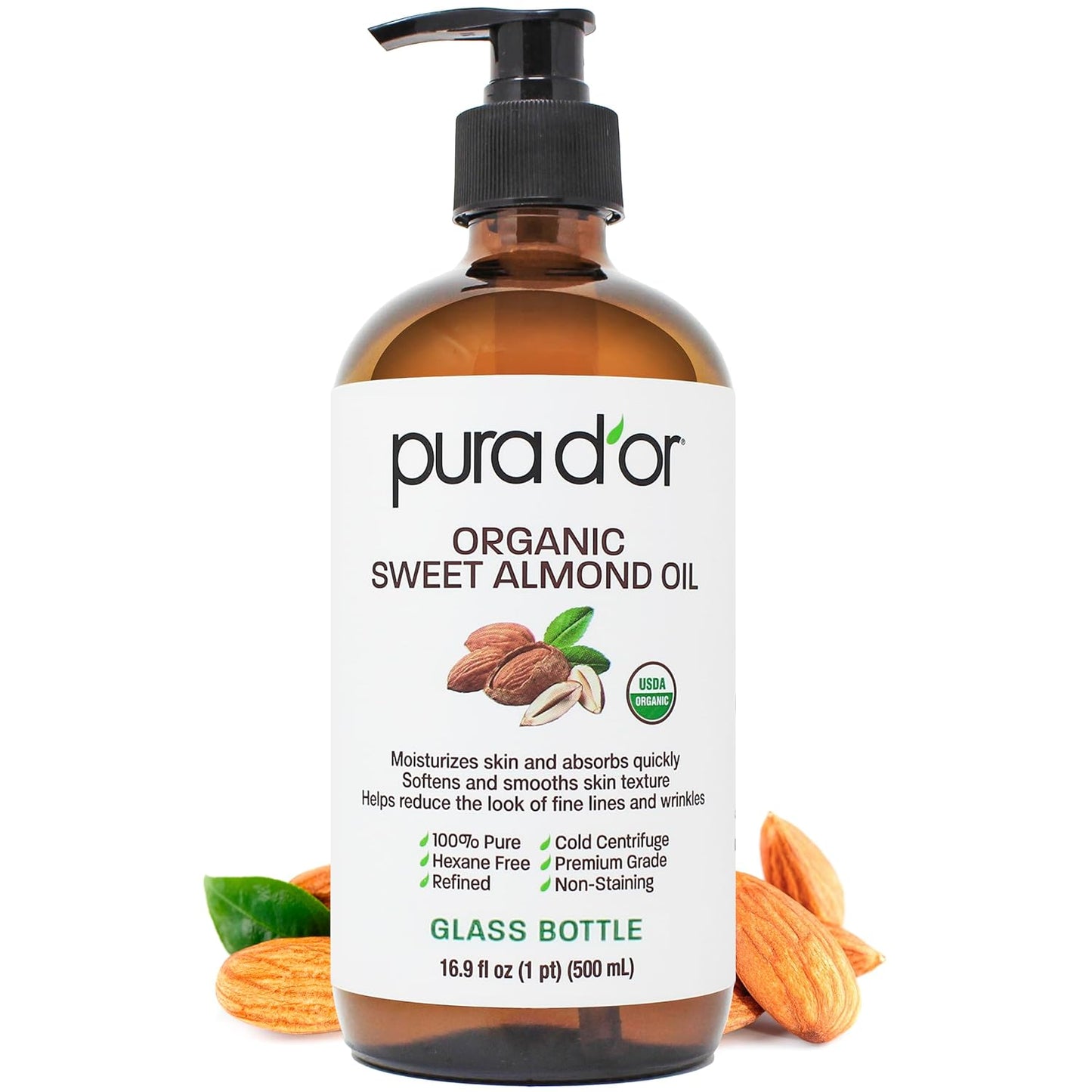 PURA D'OR ORGANIC Sweet Almond Oil (16.9 Oz GLASS BOTTLE) 100% Pure & Natural USDA Certified