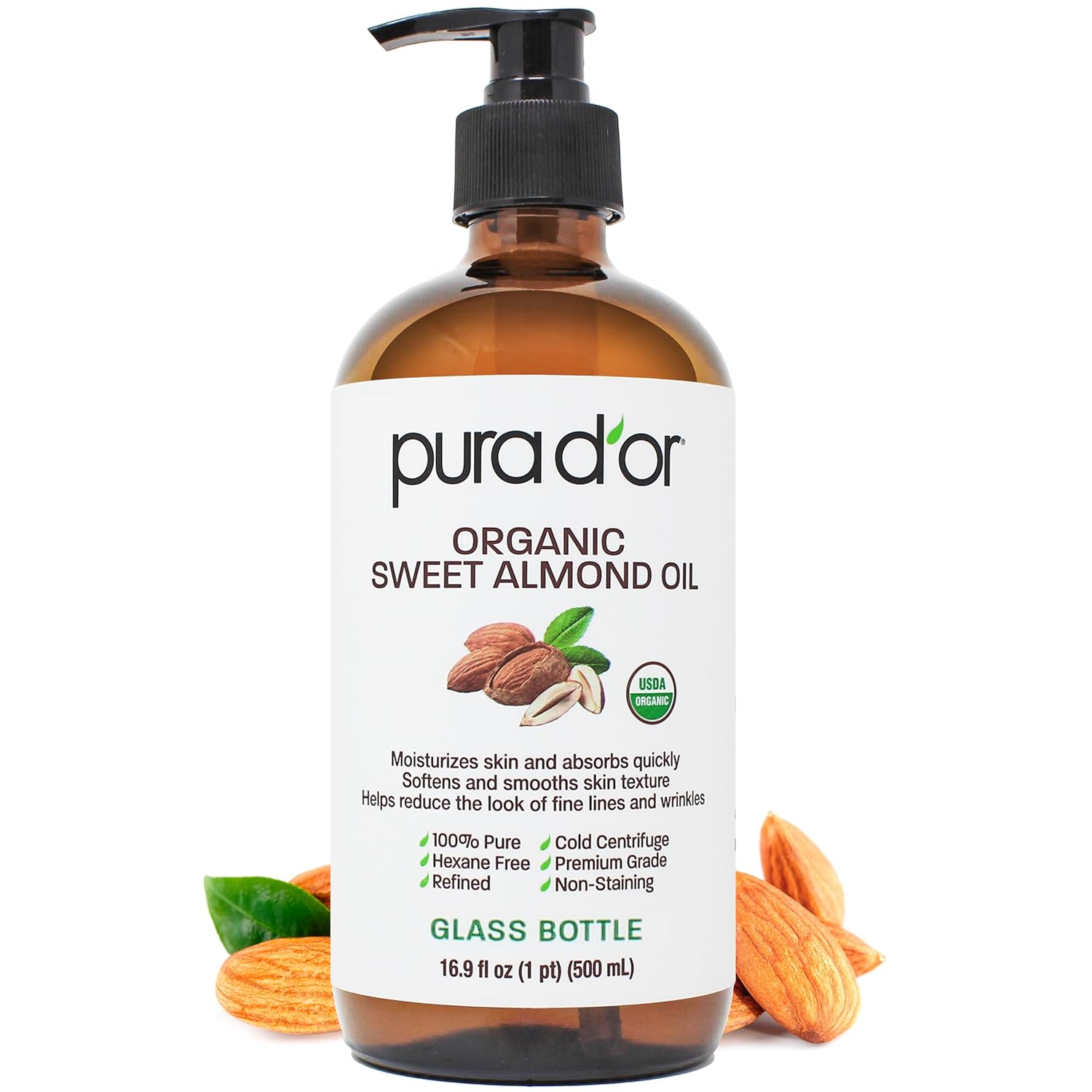 PURA D'OR ORGANIC Sweet Almond Oil (16.9 Oz GLASS BOTTLE) 100% Pure & Natural USDA Certified
