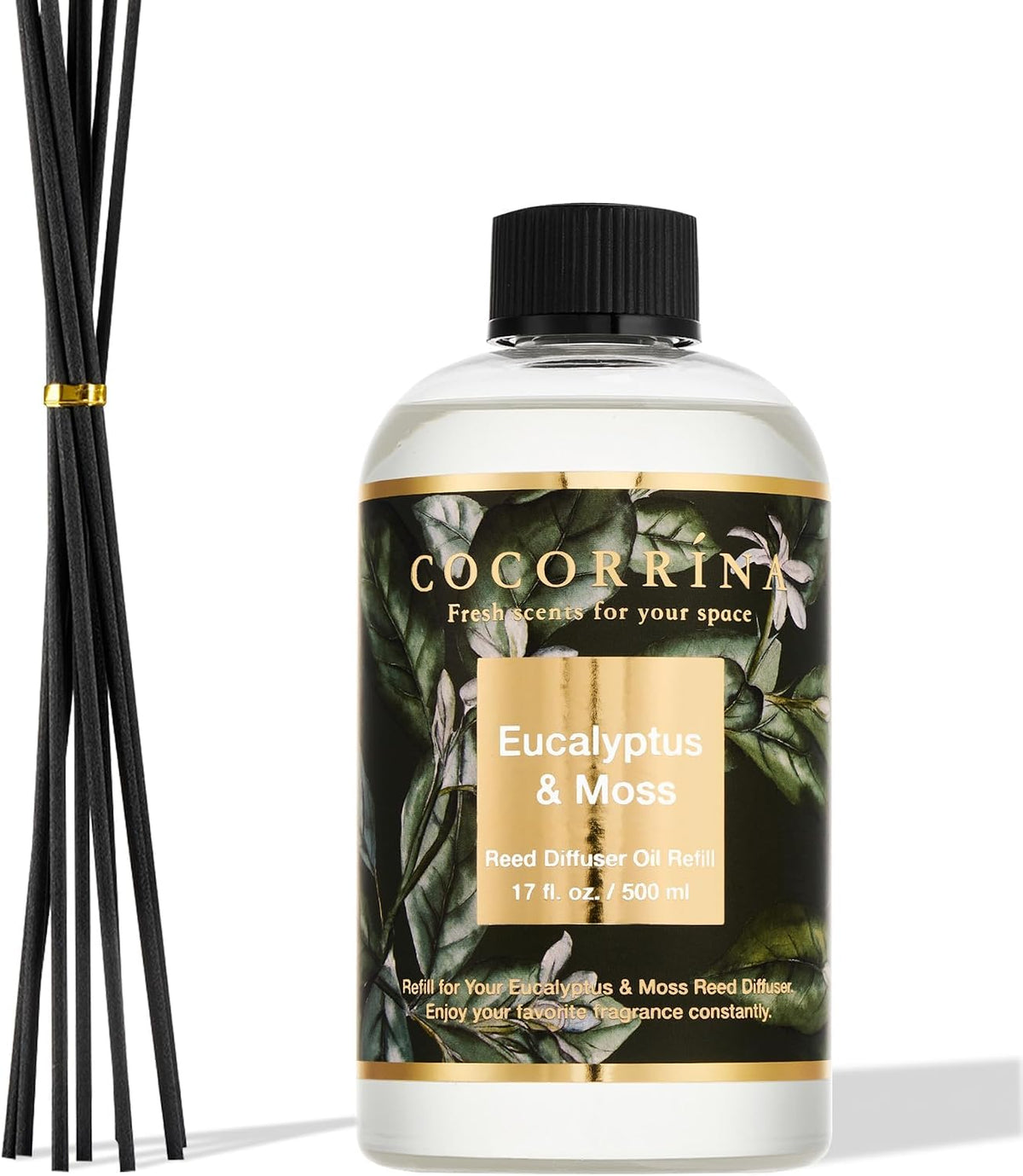 Cocorrína Reed Diffuser Refill Eucalyptus & Moss 17oz (500ml) with 8 Rattan Sticks - Premium Long-Lasting Essential Oil