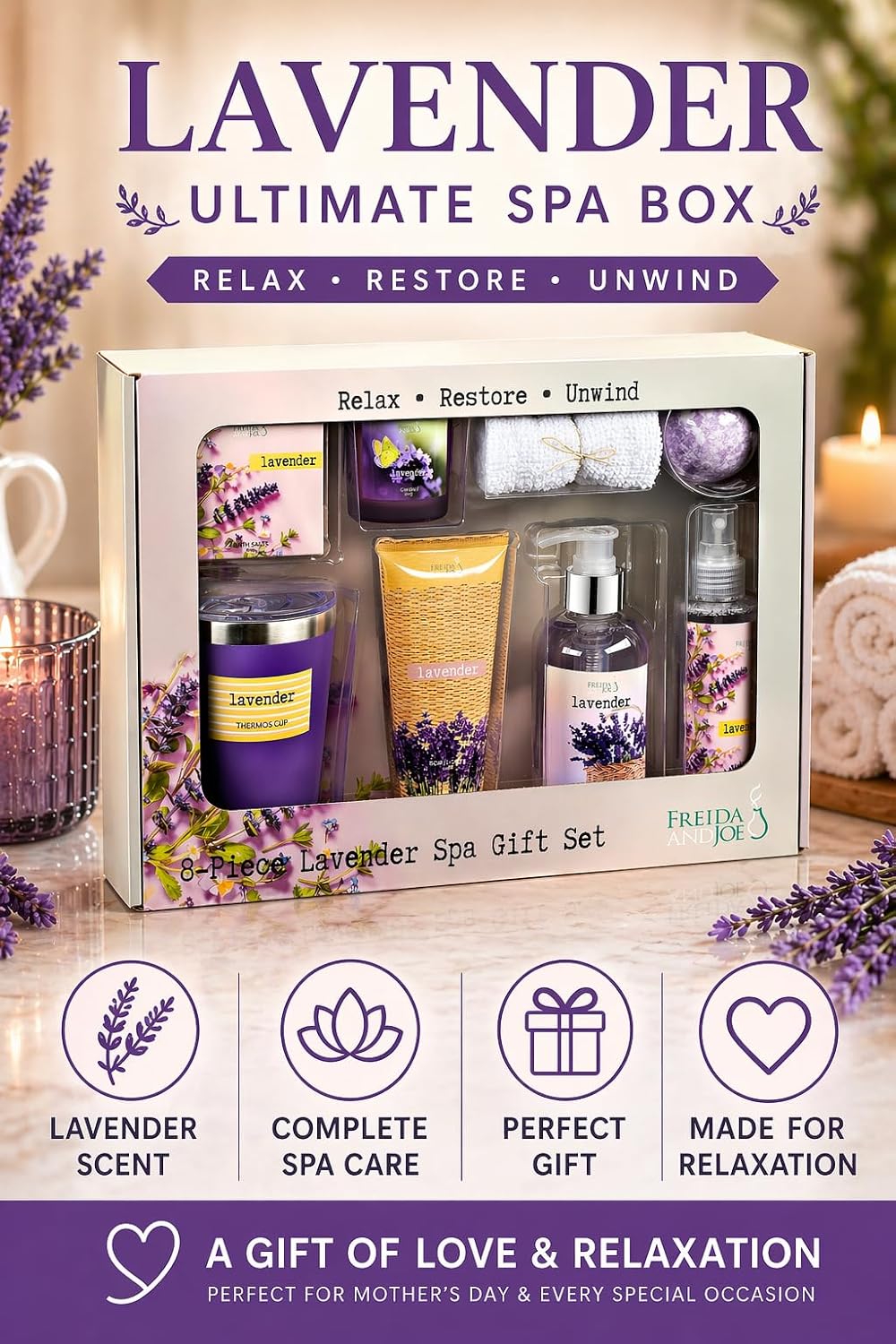 Lavender Ultimate Spa Box – Mother's Day Spa Gift Basket for Mom, Luxury Bath & Body Set, Lavender Scented Self Care Kit