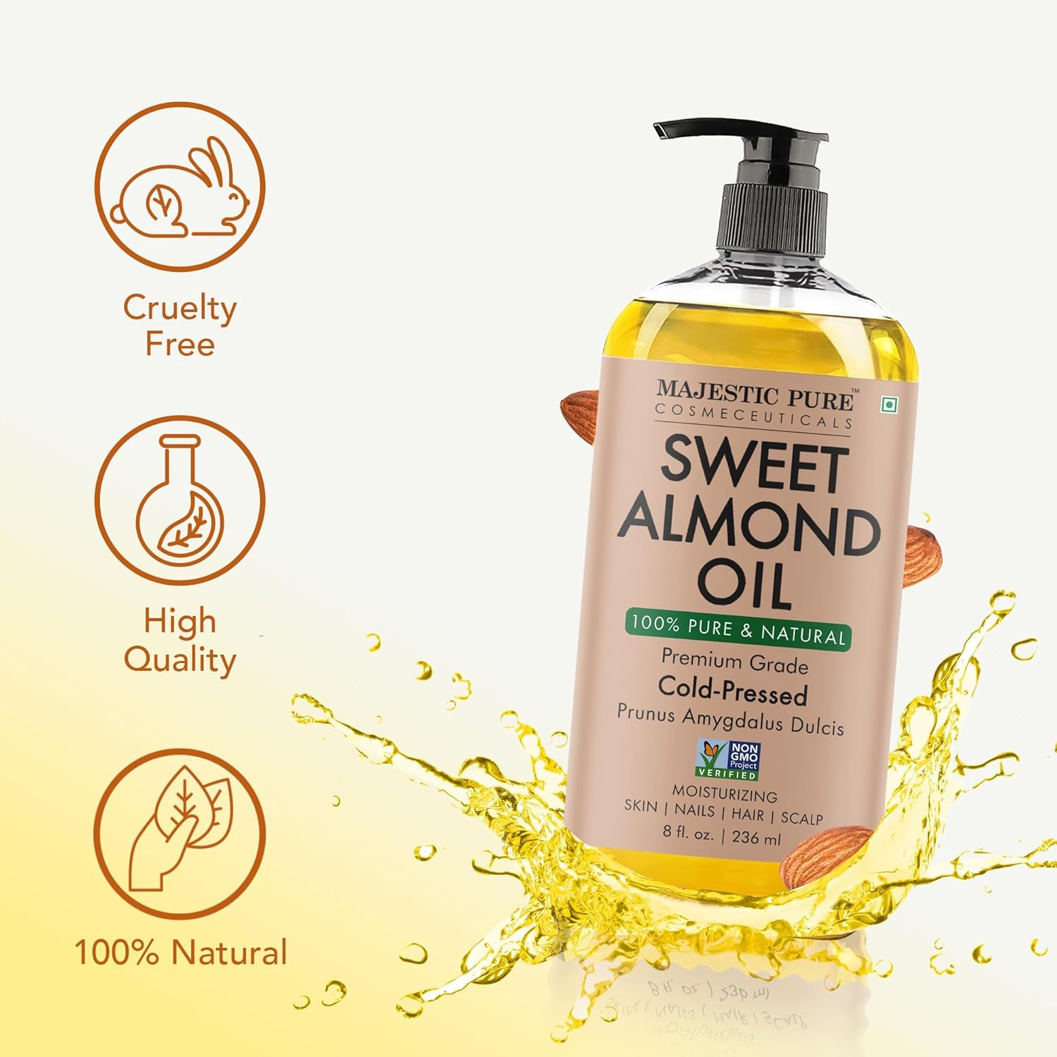 Majestic Pure Oil - 100% Pure and Natural- Cold Pressed & Hexane Free Natural Hair Growth Oil for Eyelashes, Eyebrows, Skin, Body, Face, Nails & Scalp - Sweet Almond Oil 8 Fl Oz