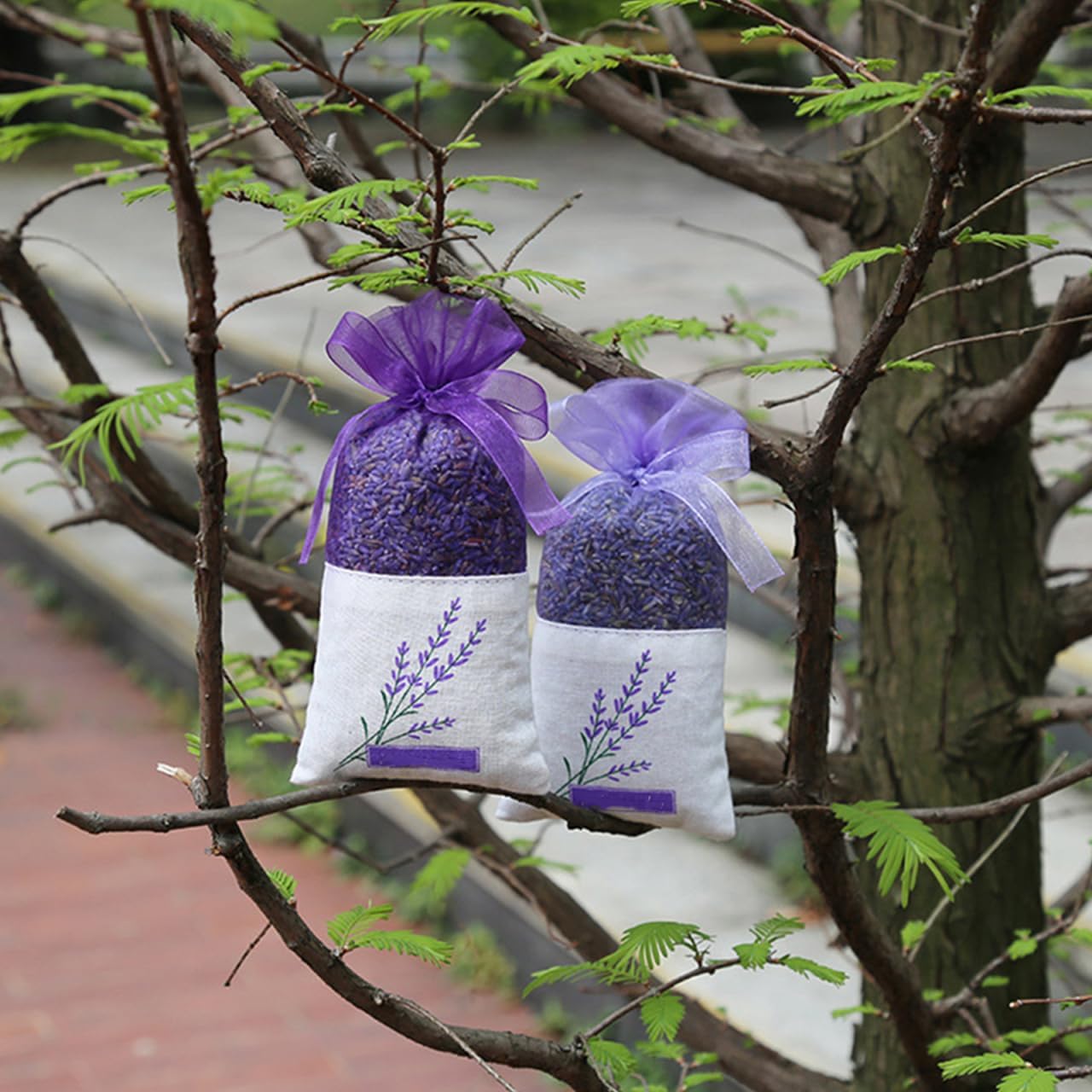 DOITOOL 25 Pack Lavender Sachet Bags 6.49X2.83 Inch Organza Fragrance Pouches with Ribbon for Home Fragrance Closet Freshener Jewelry Organizer Party Decoration