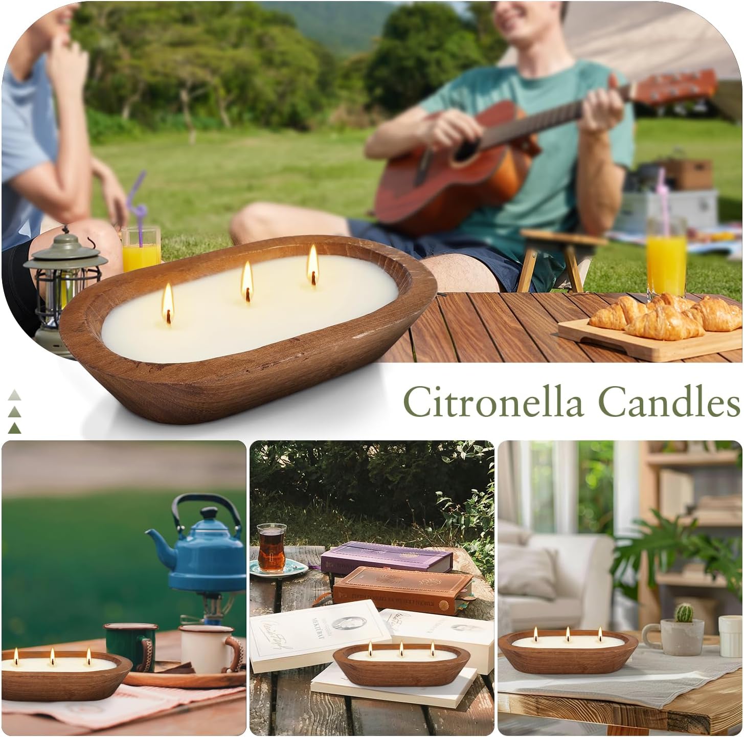 Citronella Scented 3-Wick Candle (8oz) Oval Wood Bowl Candle, Clean Burning & Smokeless, Decorative Soy Blend Candle for Home, Patio, Garden, Summer Gift.