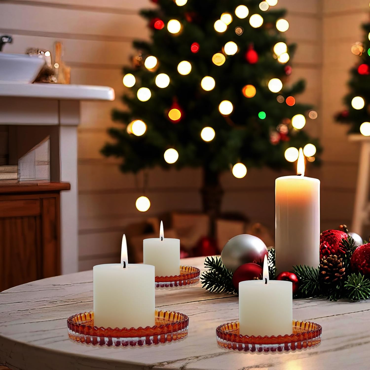 Candlestick Glass Candle Holder Plates Set of 6, Round Glass Candle Tray Plates for Dining Wedding Lantern Festival Party Evening Light, Amber