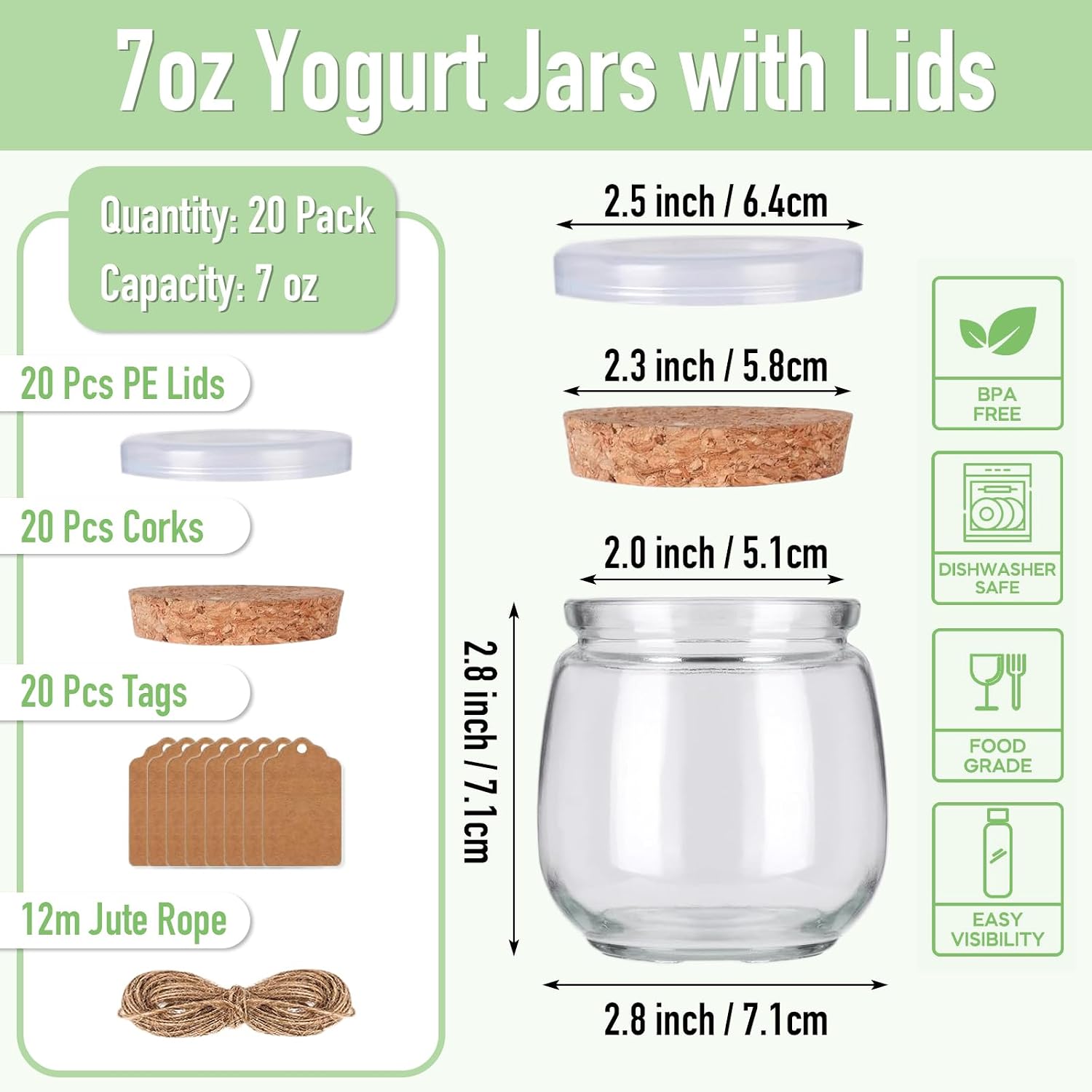 NEWMIAO 20 Pack 7 oz Glass Yogurt Jars with Cork Lids and PE Lids, Glass Pudding Jars Candles Jars, Small Containers for Wedding Favors, Milk, Jam, Honey, Cake, Spices and DIY Gift