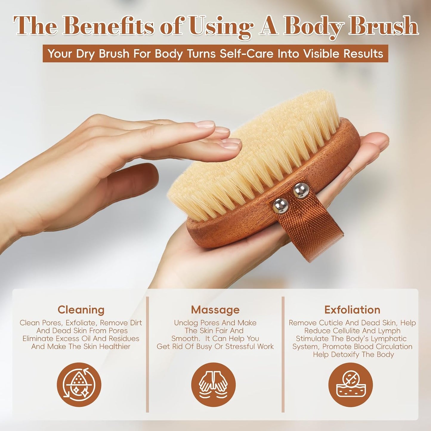DEBETOOL Dry Brushing Body Brush - Natural Boar Bristle Dry Body Brush for Lymphatic Drainage, Cellulite, Blood（Medium Hardness）