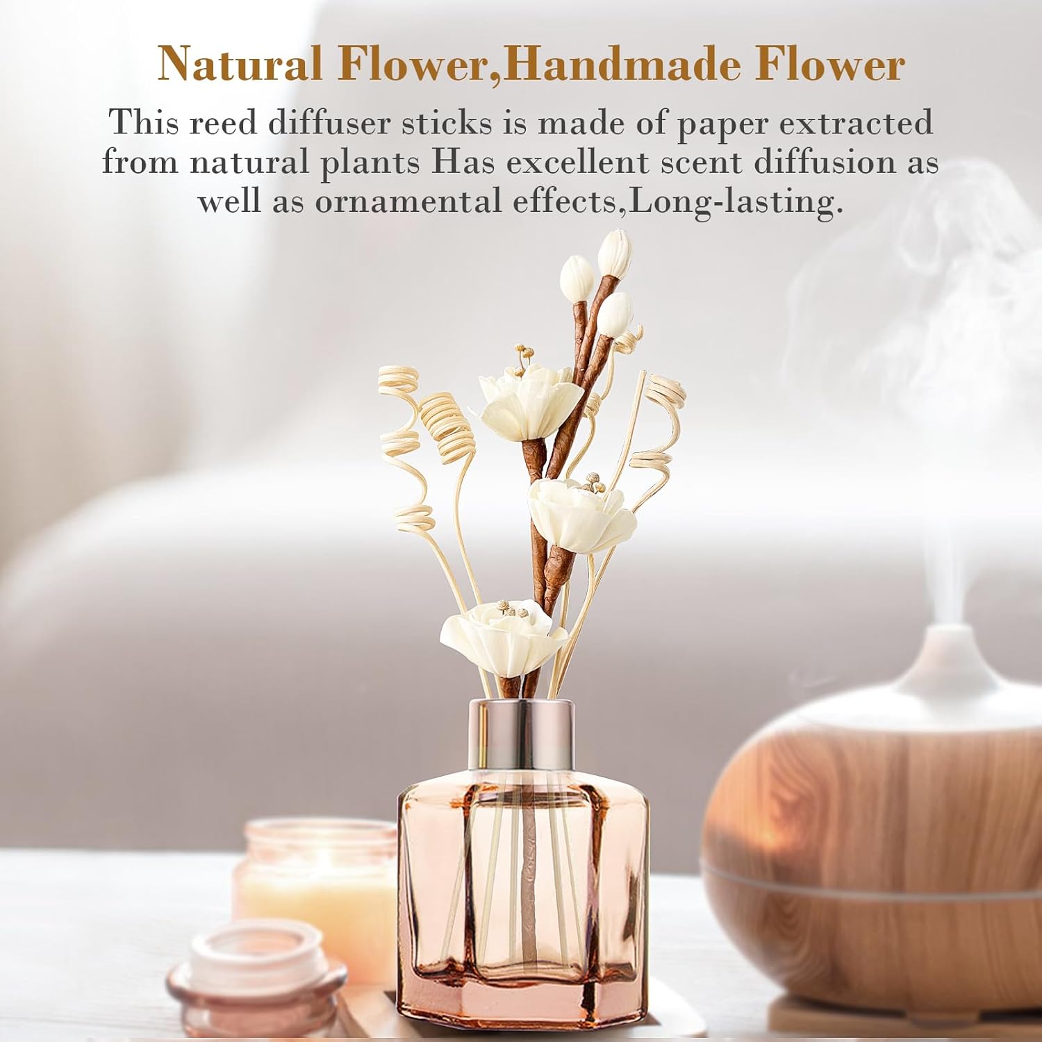 Reed Diffuser Sticks,Reed Diffuser Sticks Flowers,Reed Diffusers for Home,Bathroom Diffuser,Diffuser Set with Sticks,Natural Flower,White/Brown