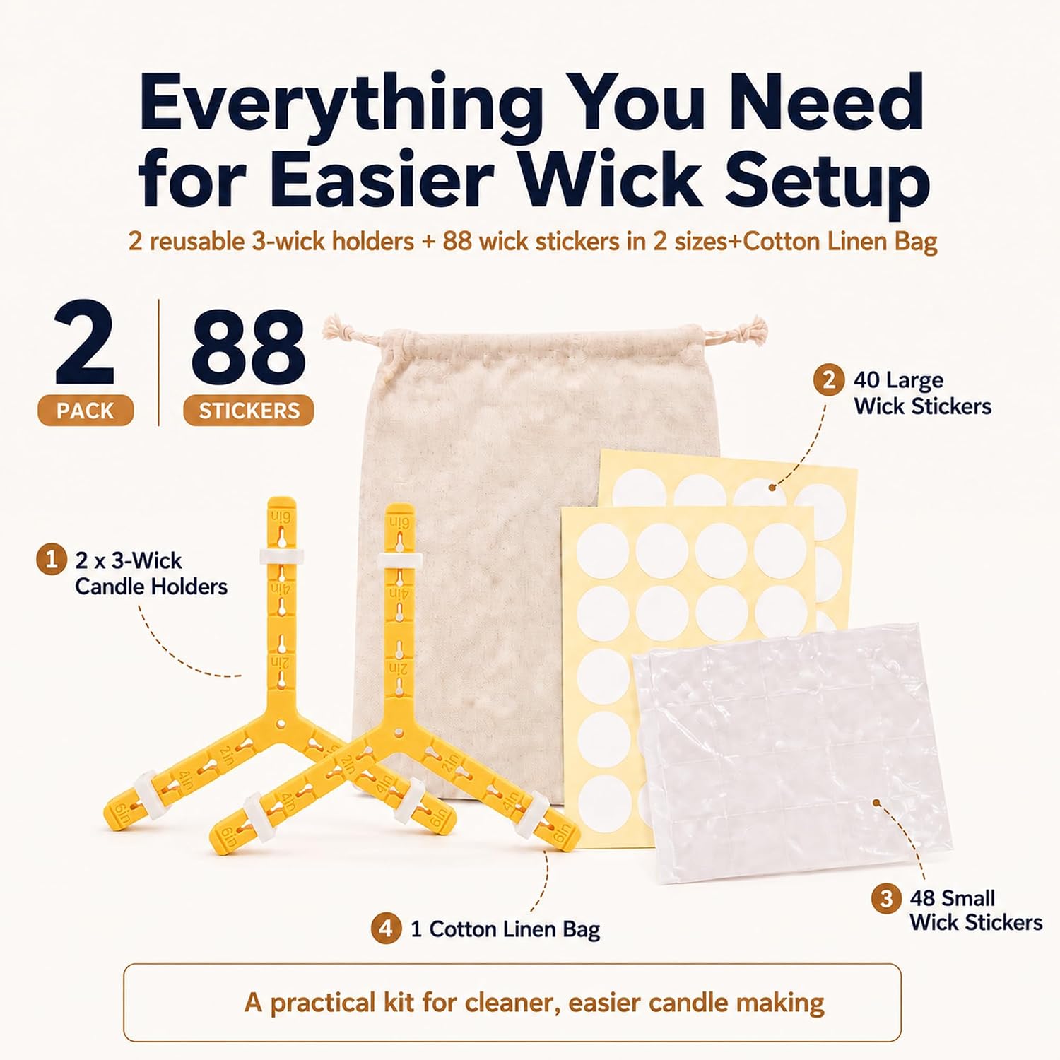 3-Wick Candle Holder | Wick Centering Tool | Includes 2 Sizes Wick Stickers (40 Large + 48 Small) + 1 Cotton Linen Bag | ABS Material for Better Heat Resistance