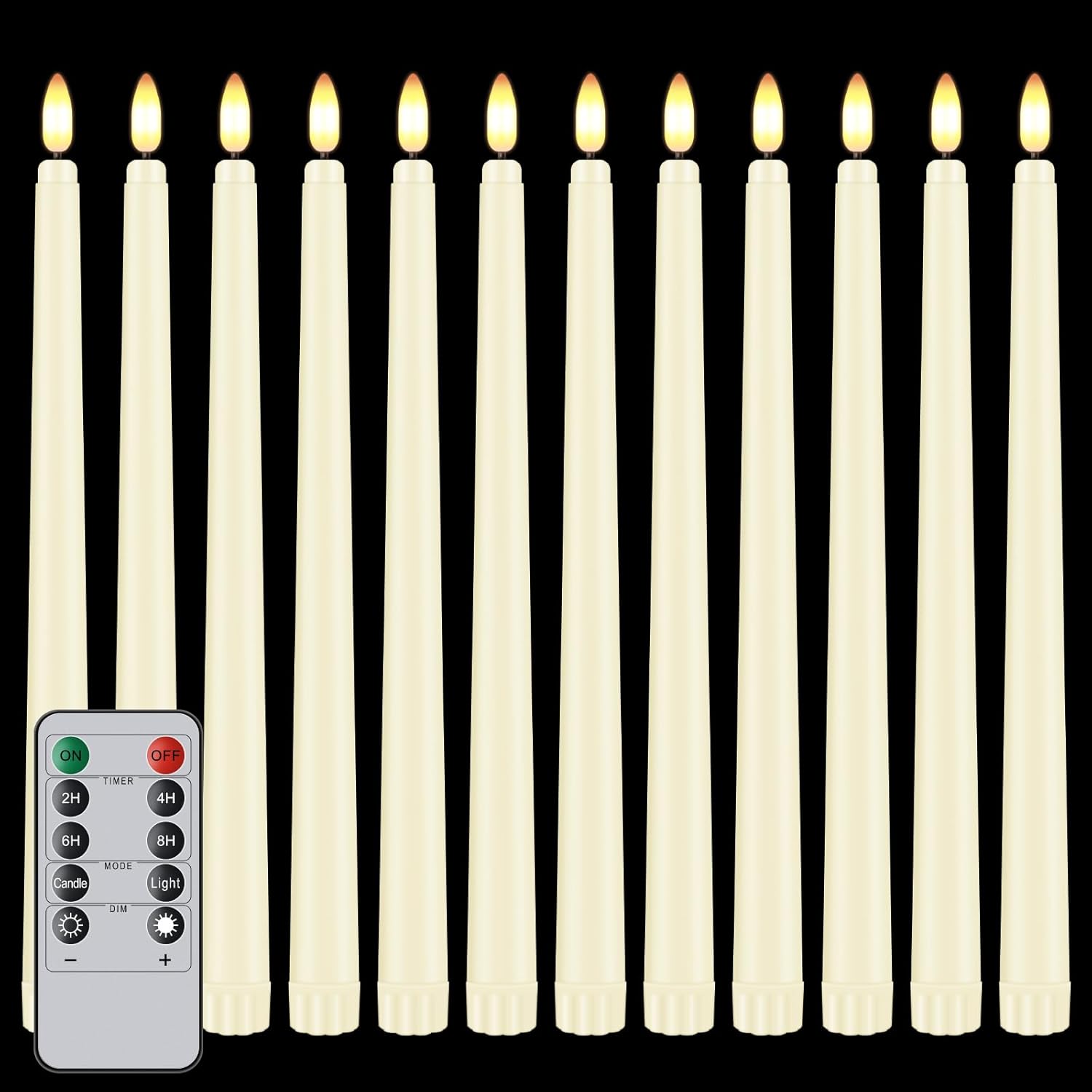 12 Pcs Flickering Flameless LED Taper Candles, 11" Long Fake Taper Candles Battery Operated with Remote Timer, Ivory Plastic Electric Candlesticks for Wedding Party Christmas Holiday