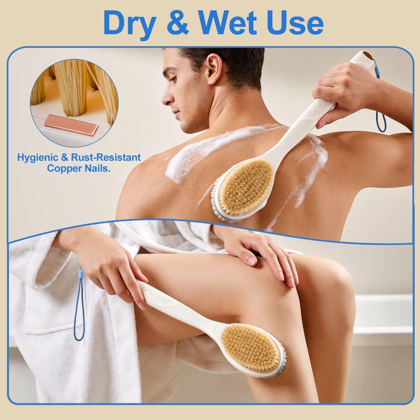 BUBBLEDANCE® Extendable Back Scrubber –Anti-Slip Dual-Sided, 4X Power Scrub | Extendable 17.5"-31.9" for 4X power – stiff & soft nylon bristles, non-slip grip, quick-dry rust-proof, rich lather