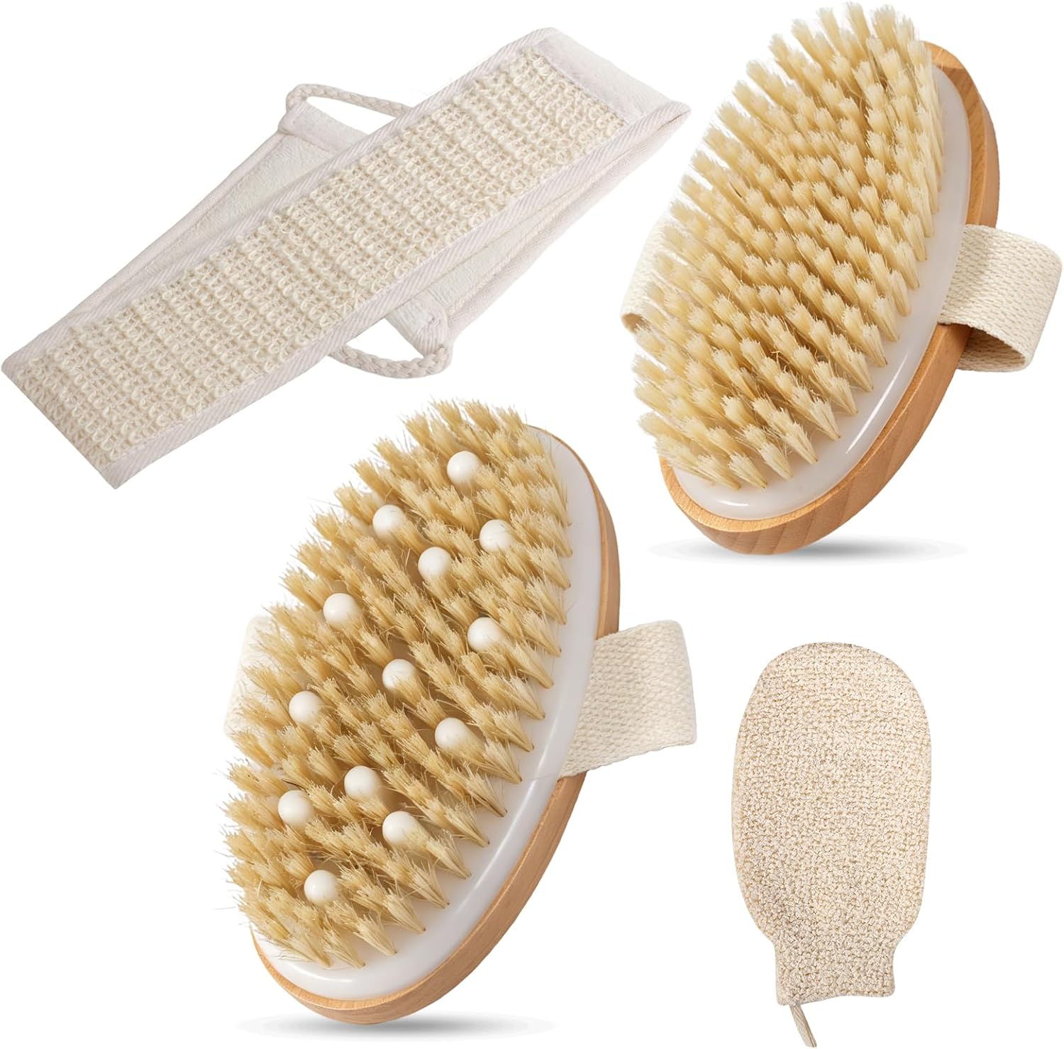 Dry Brushing Body Brush, Natural Boar Bristle, 4 Pack Set | Deep Cleansing | Shower Routine | Home Spa Experience | Self Care Essentials | Smooth Skin | Men & Women | Daily Use