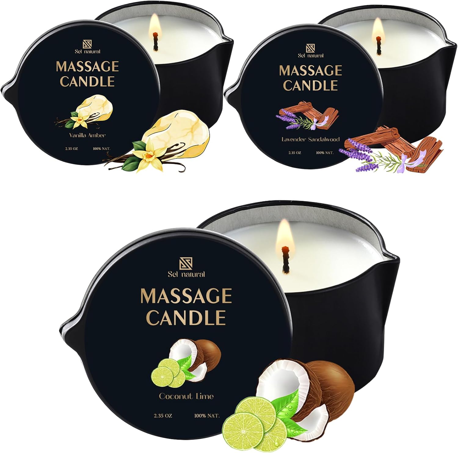 3 Pack Massage Oil Candles 2.35oz Low Temp Massage Candles 3 Scent Spa Therapy Body Oil Home Gift for Relaxation, Couples, or Self-Care (2.35 oz, Vanilla Amber, Lavender Sandalwood, Coconut Lime)