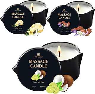 3 Pack Massage Oil Candles 2.35oz Low Temp Massage Candles 3 Scent Spa Therapy Body Oil Home Gift for Relaxation, Couples, or Self-Care (2.35 oz, Vanilla Amber, Lavender Sandalwood, Coconut Lime)