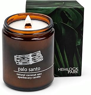 Hemlock Park Palo Santo Apothecary Scented Candle | Crackling Wood Wick, Botanical Fragrance & Coconut Apricot Wax | Up to 60 Hour Burn Time | 8 oz | Made in USA