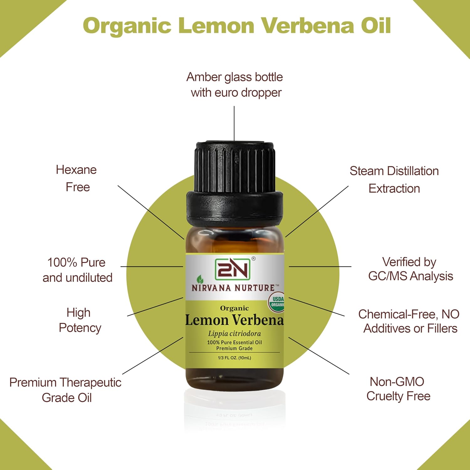 Lemon Verbena Essential Oil, USDA Certified Organic, 100% Pure Undiluted, Aromatherapy Oil for Diffuser, Hair & Skin Care