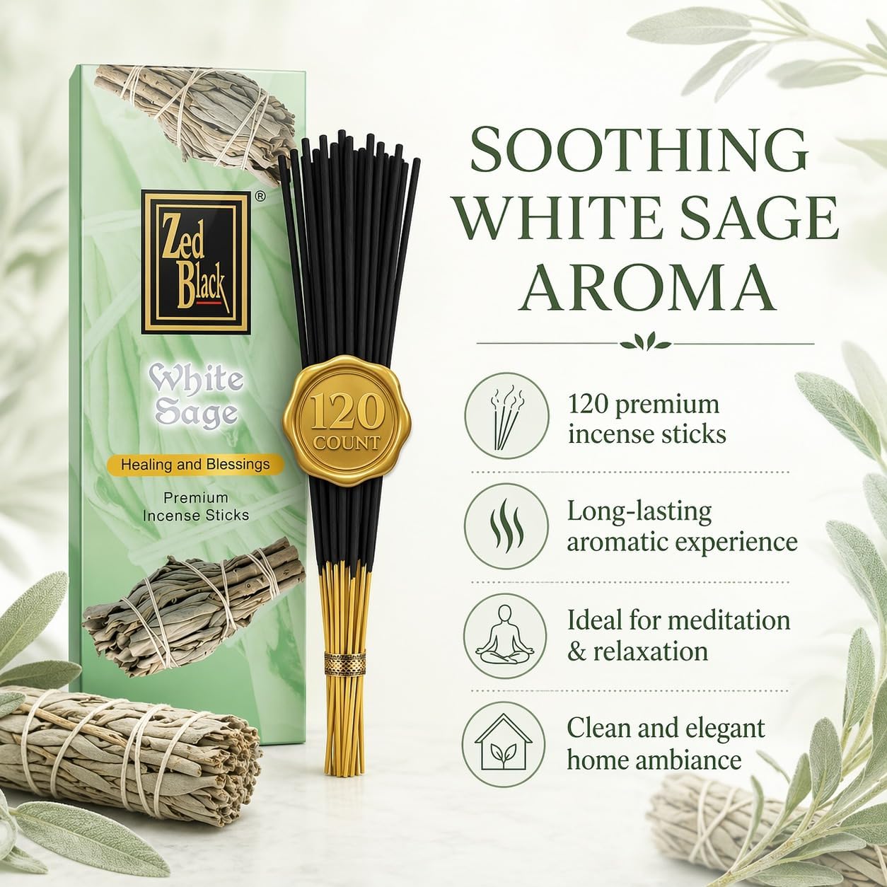 White Sage Incense Sticks - 120 Count | Natural Air Purifying Aromatherapy | Calming and Cleansing Fragrance | Perfect for Meditation, Relaxation, Prayer & Spiritual Rituals I Zed Black