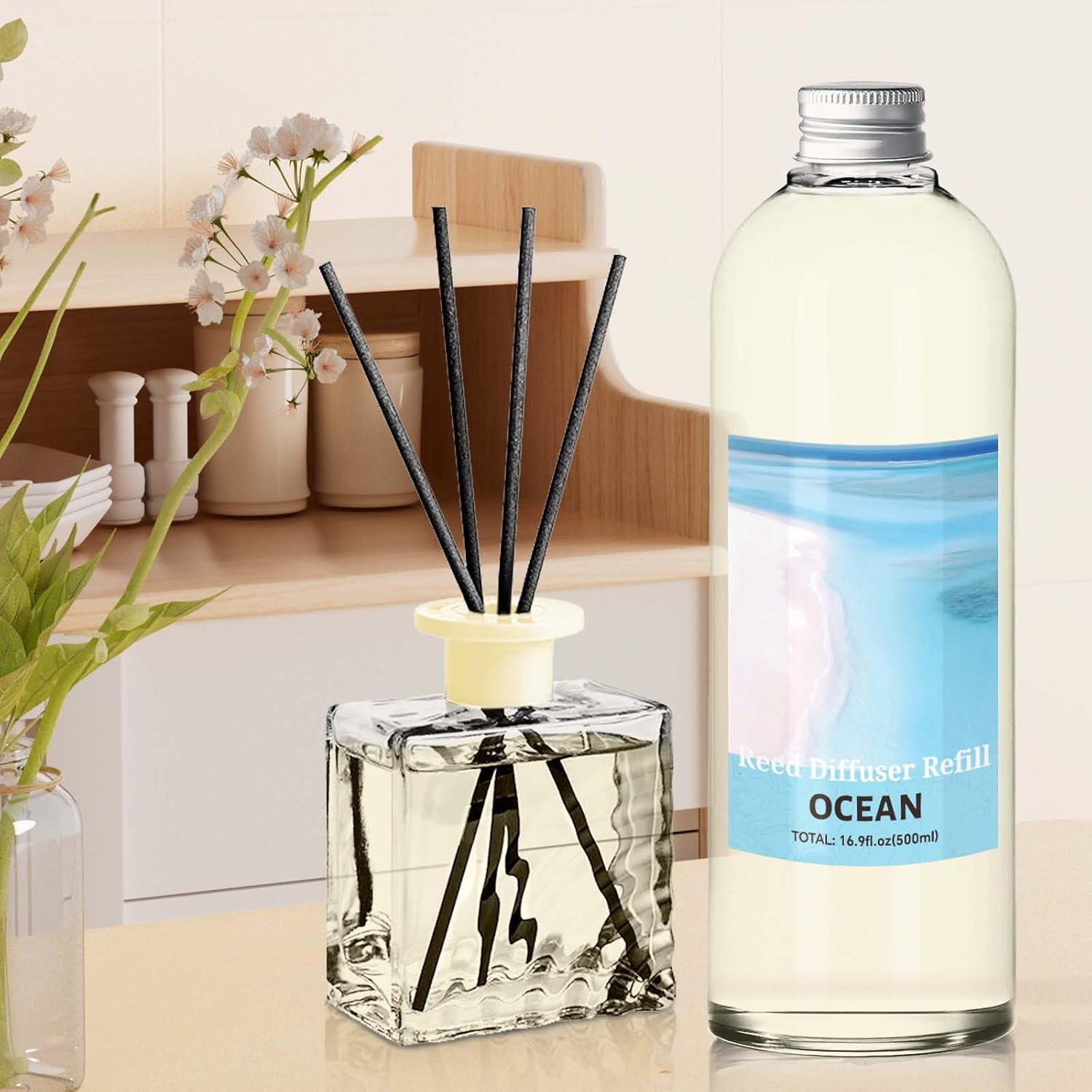 STRN Ocean Reed Diffuser Refill 500ml with 6 Natural Reed Sticks, Premium Refills Aromatherapy for Home, Long-Lasting Fragrance for Living Room, Bedroom, Office | Alcohol-Free
