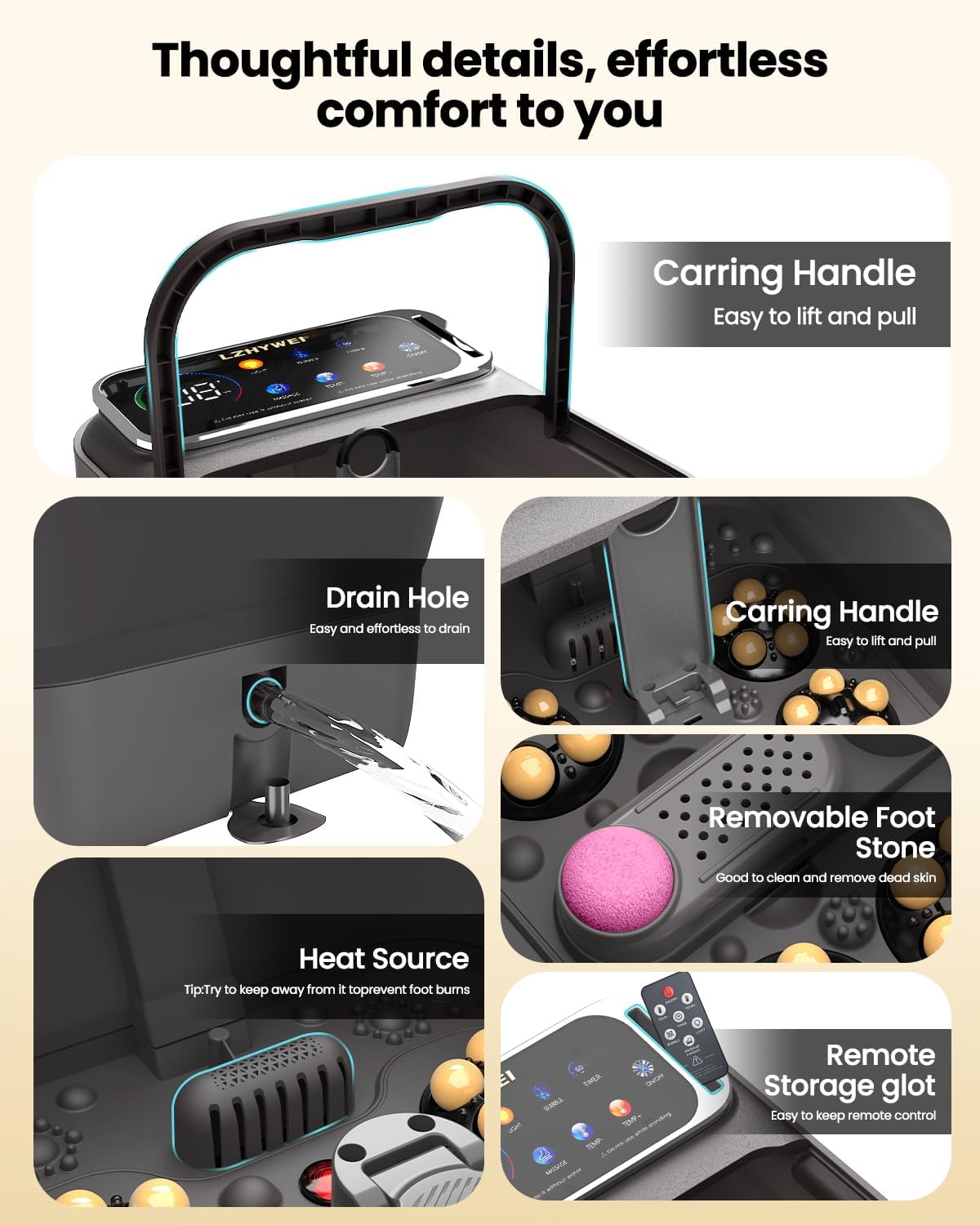 Collapsible Foot Spa with Heat, Electric Foot Bath Massager with Color Touchscreen, 30 Motorized Shiatsu Massage Balls, Temp Control, Bubbles, Remote, Professional Feet Soak Tub for Home