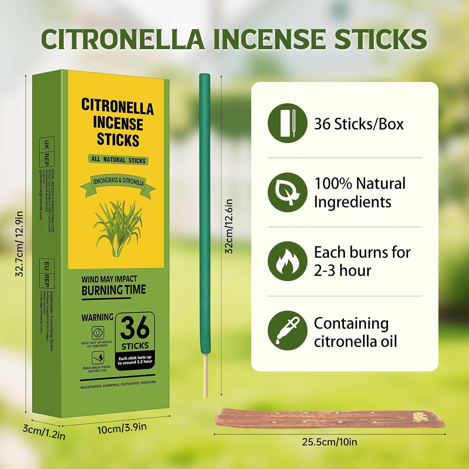 Citronella Incense Sticks Outdoor, 36 Pack Citronella Incense with Holder, Burns Up to 100 Hours, Natural Incense Stick for Outside Patio Camping Backyard Balcony Yard Picnic Outdoor Indoor Use