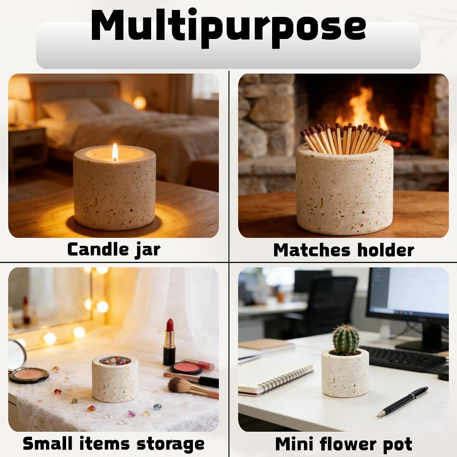 1 Match Holder with 3 Strikers, 2.56x1.97in Travertine Stone Decorative Fireplace Matches Dispenser Matchstick Organizer Cute Candle Jar for Camping Home Parlor Bathroom Kitchen, Matches Not Included