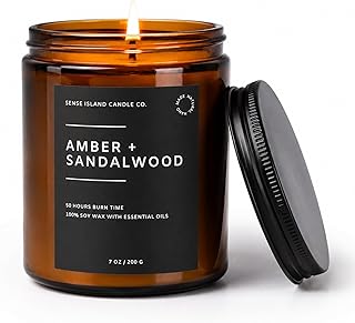 Amber Sandalwood Scented Candles for Men&Women | Natural Soy Candle 7oz, up to 50 Hrs Burn Time Sweet Amber & Authentic Sandalwood Aroma