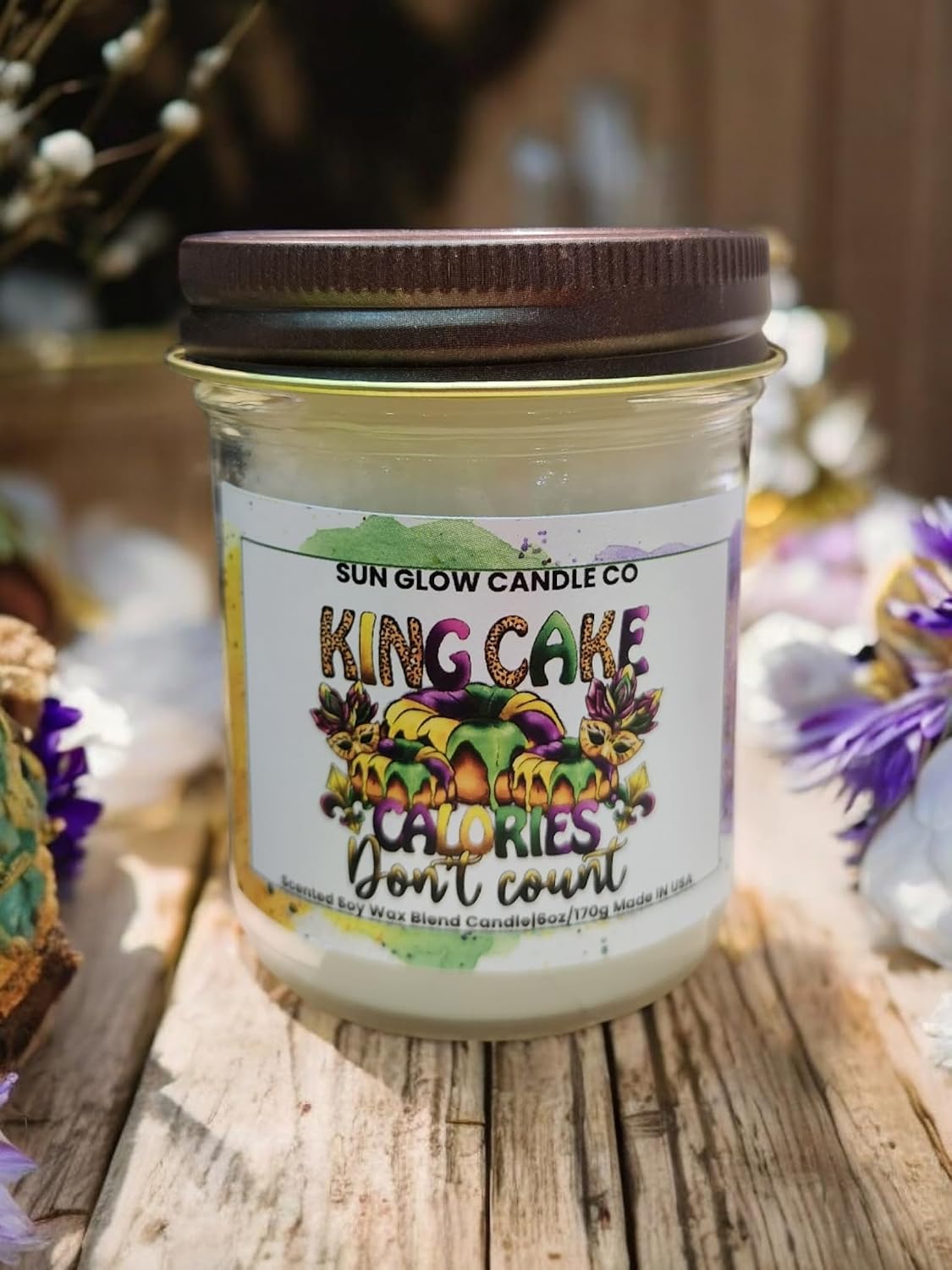Sun Glow Candle Co| Mardi Gras| King Cake Calories Don't Count |King Cake Scented | 6oz Mason Jar Soy Wax Blend Candle