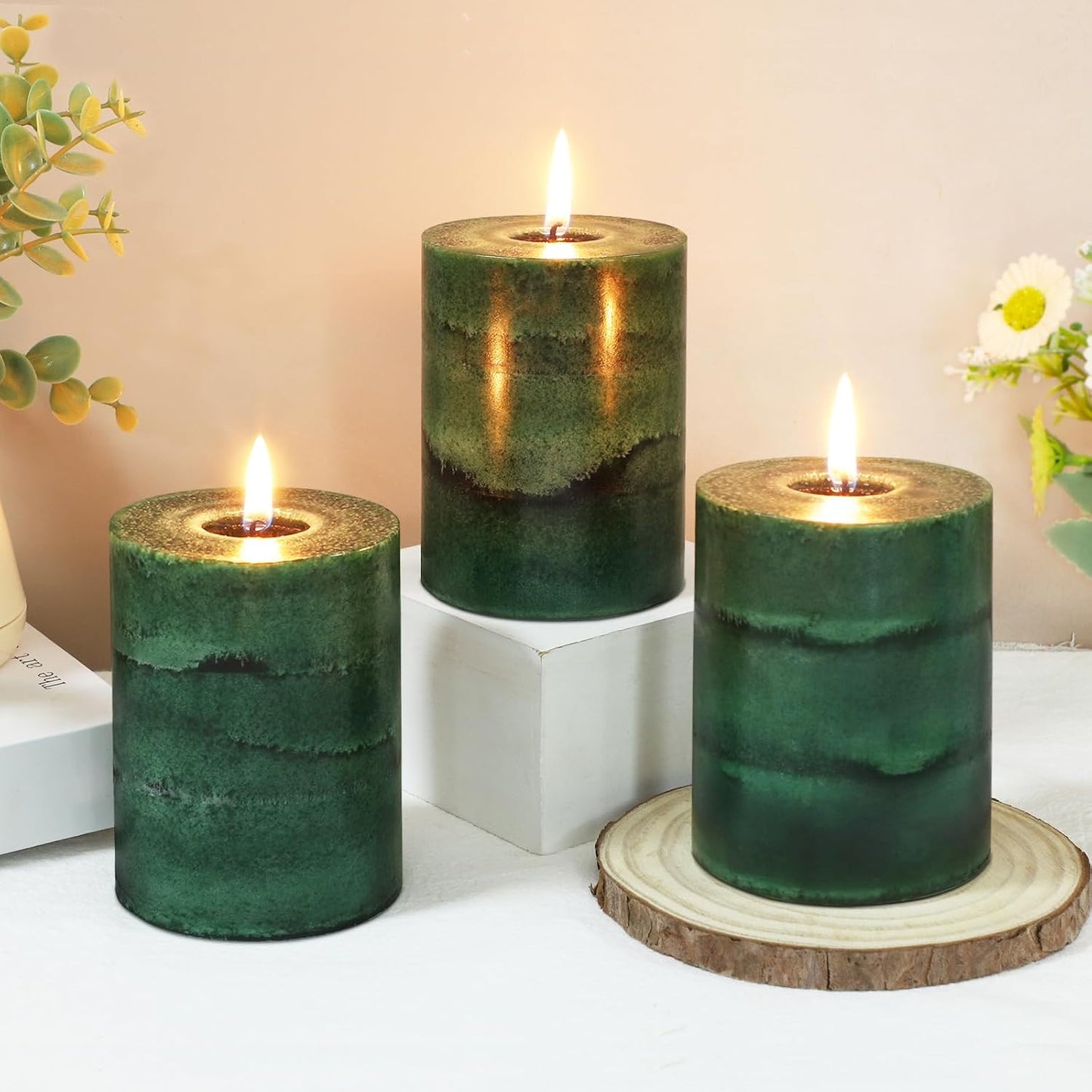 Fir Pine Scented Pillar Candles 3x4 Inch Dark Green 3-Layered Handcraft Holiday Forest Candle Smokeless Aromatherapy Candle for Christmas Decoration Home Party Fragrance Housewarming Gifts