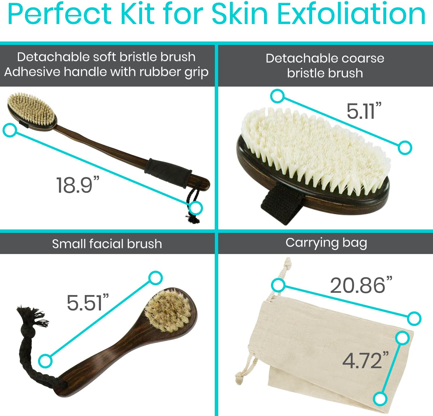 Vive Dry Brush Set for Lymphatic Drainage (3 Pack) - Brushing Scrubber for Exfoliating, Body Cellulite and Skin Massage - 100% Natural Boar Hair Bristles, 19” Long Dark Wooden Handle w/Storage Bag