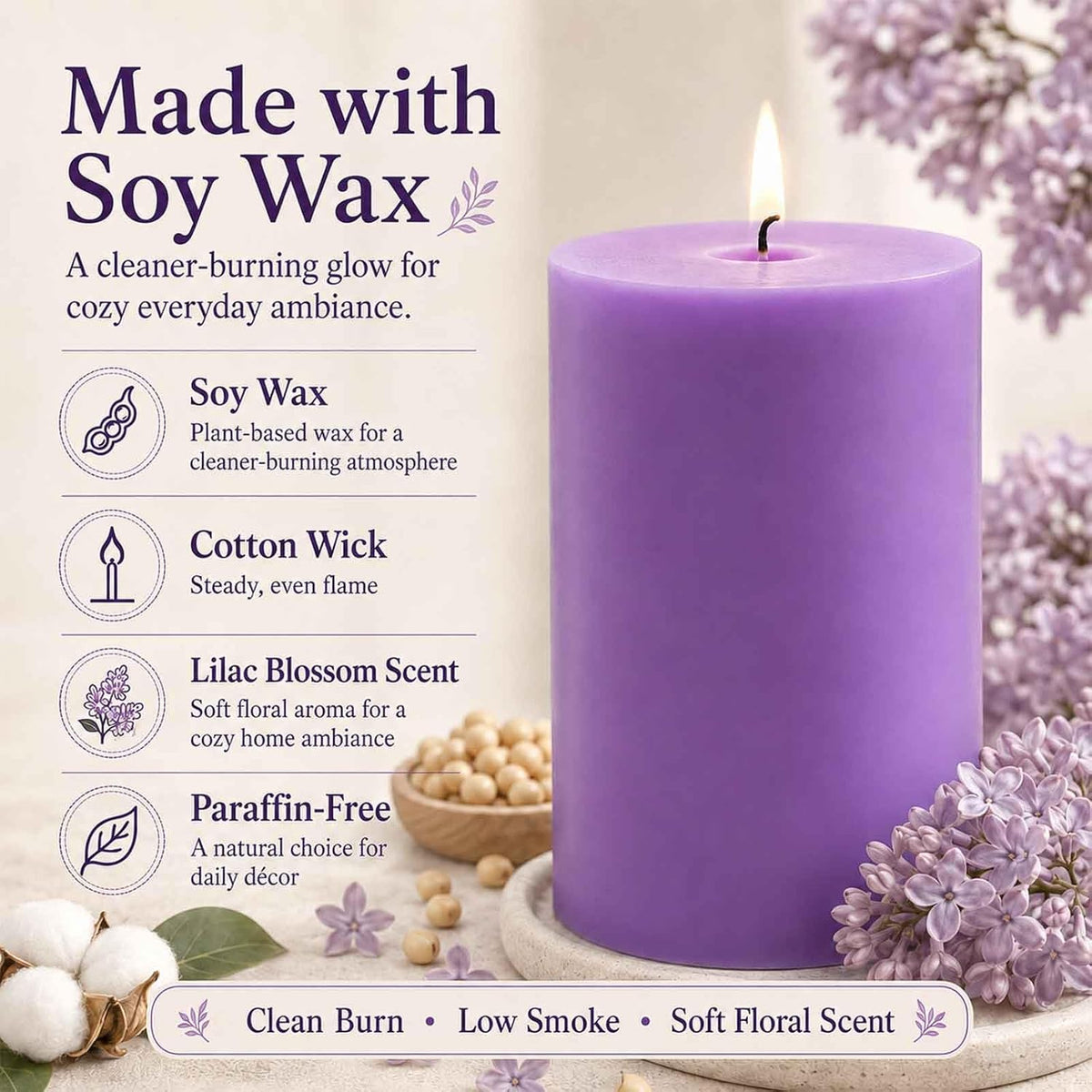 Lilac Scented Pillar Candles, Natural Soy Wax, Non-Toxic, 2.8x4Inch, 4 Pack