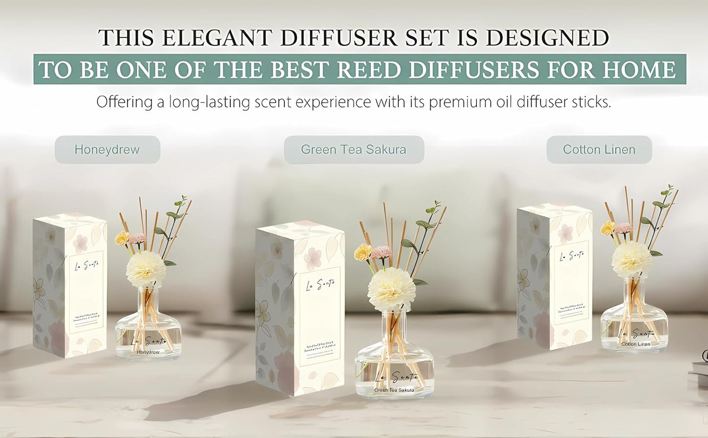 Reed Diffuser Set 8.5 fl oz / 250 ml Glass Bottle with Decorative Flower & Natural Reeds Flameless Home Fragrance for Bathroom Bedroom Office Jasmine Freesia Scent