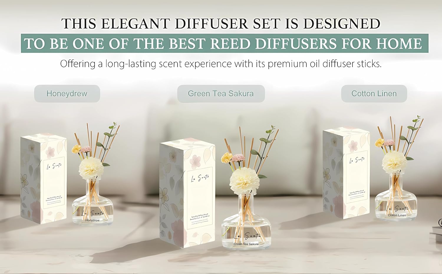 Reed Diffuser Set 8.5 fl oz / 250 ml Glass Bottle with Decorative Flower & Natural Reeds Flameless Home Fragrance for Bathroom Bedroom Office Jasmine Freesia Scent