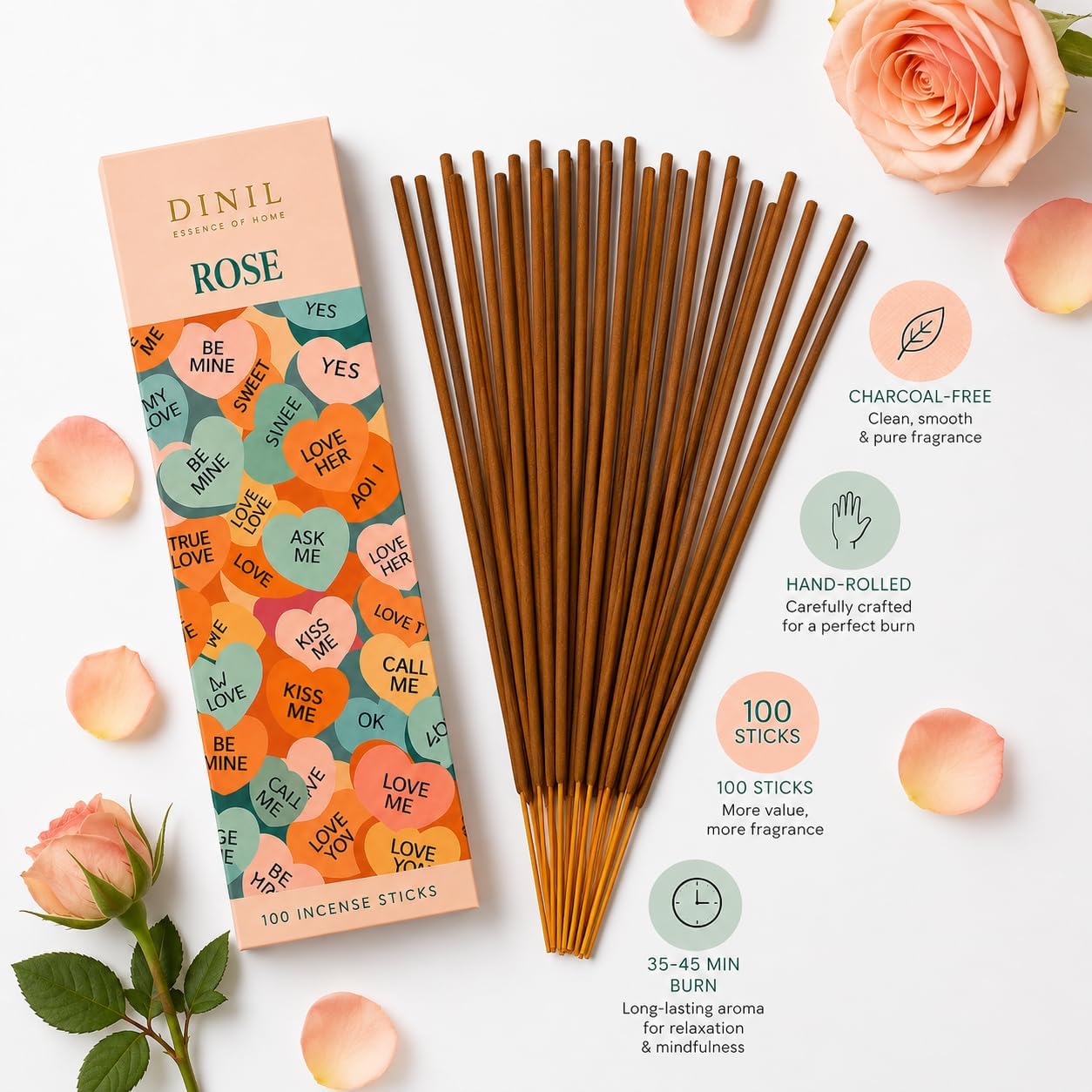 Dinil Rose Incense Sticks -100 Sticks | Hand-Rolled, Charcoal-Free | Low Smoke, Long-Lasting Clean Burn | Rose Scented | Ideal for Meditation, Yoga, Relaxation & Aromatherapy