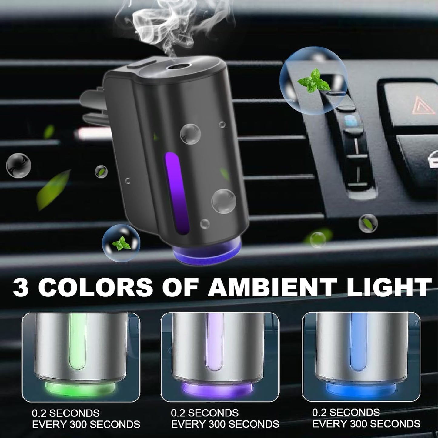 Smart Car Aroma Diffuser - 3 Adjustable Modes, Rechargeable, with Breathing Light, with Ventilation Clip - with 8 10ml Bottles of Fragrance, Car Air Freshener Essential Oil Diffuser (Black)