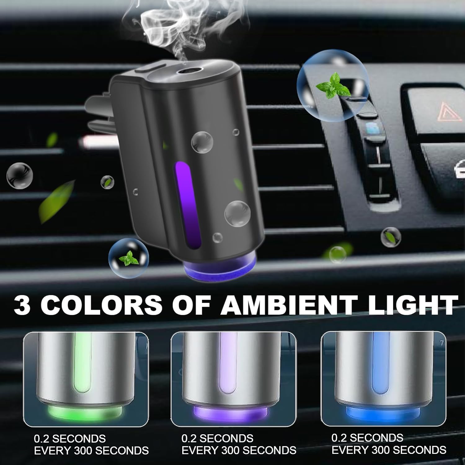 Smart Car Aroma Diffuser - 3 Adjustable Modes, Rechargeable, with Breathing Light, with Ventilation Clip - with 8 10ml Bottles of Fragrance, Car Air Freshener Essential Oil Diffuser (Black)