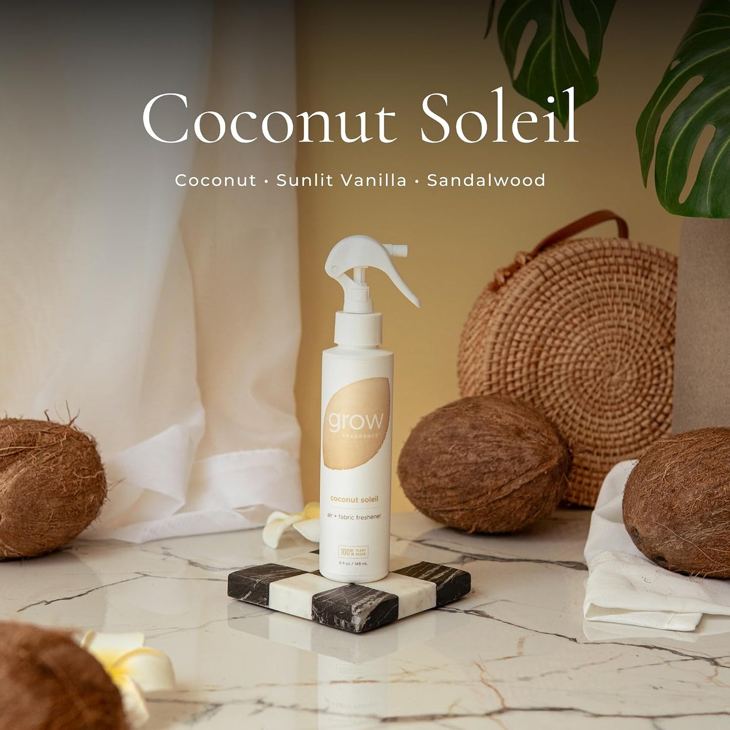 Grow Fragrance Certified Non Toxic, 100% Plant Based Fabric and Room Air Freshener Spray. Made with All Natural Essential Oils | Summer 3 Pack (Coconut Soleil, Cabana, Coastal Tide) 3 x 5oz