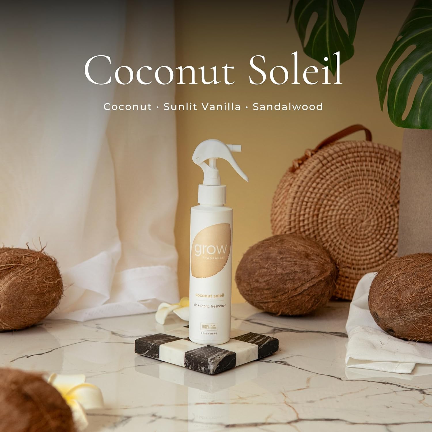 Grow Fragrance Certified Non Toxic, 100% Plant Based Fabric and Room Air Freshener Spray. Made with All Natural Essential Oils | Summer 3 Pack (Coconut Soleil, Cabana, Coastal Tide) 3 x 5oz