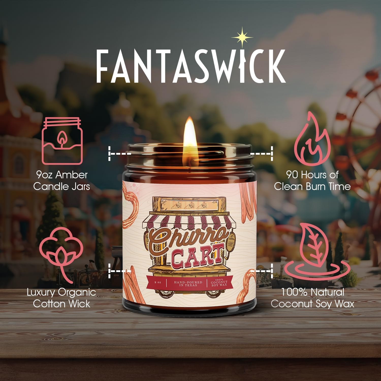 Fantaswick's Churro Cart Scented Candle | 100% Natural Coconut Soy Wax & Cotton Wick in Amber Candle Jar | Hand-Poured in Texas | 9oz