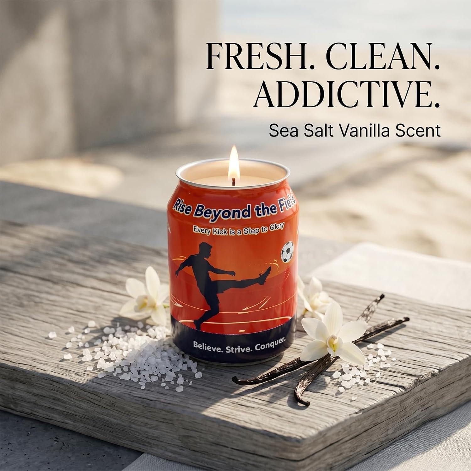 Soccer Gifts for Men – Sea Salt Vanilla Scented Soy Candle, 8.2 Oz Soccer Fan Gift for Boys, Soccer Room Decor, Unique Gifts for Soccer Lovers