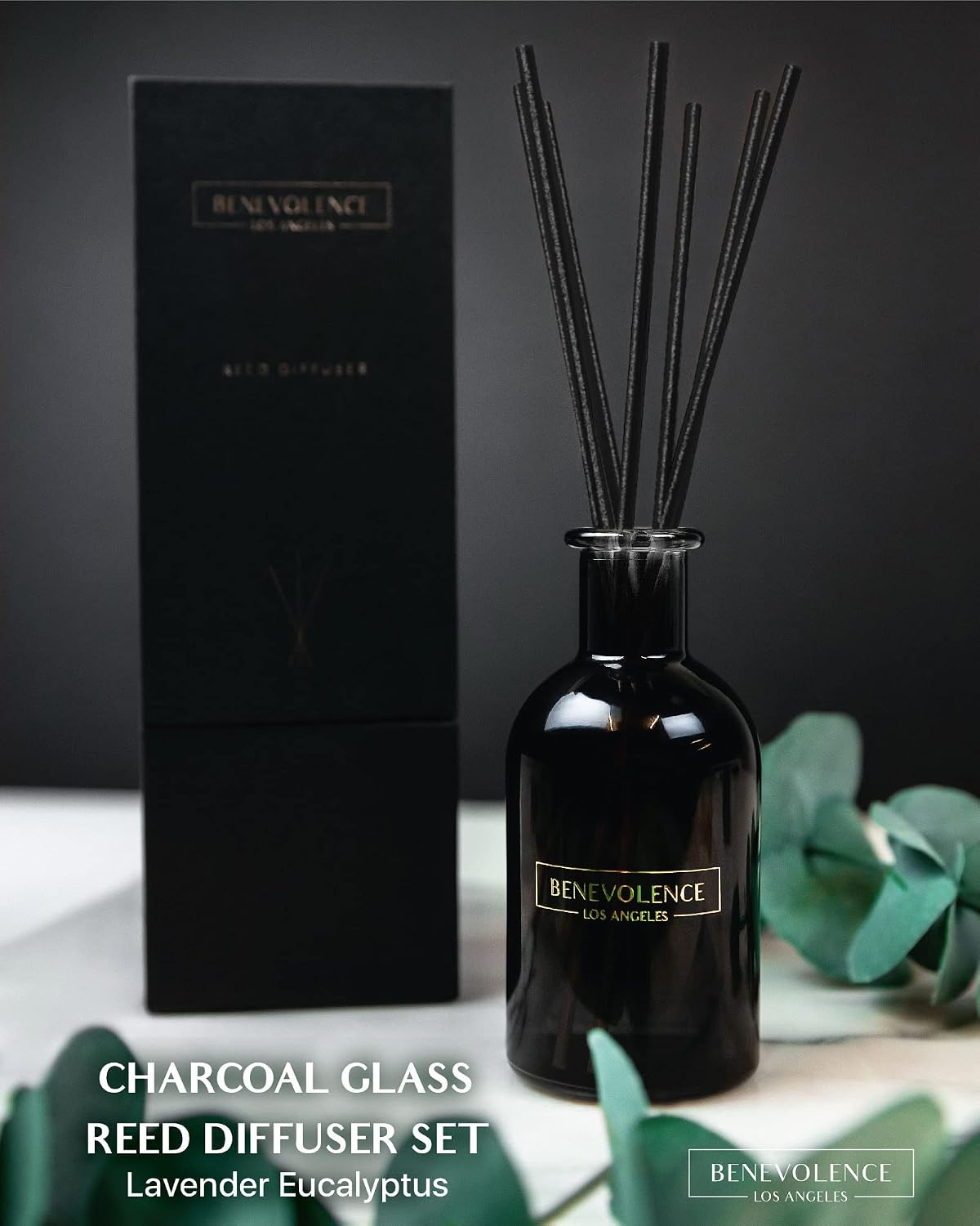 Benevolence LA Premium Lavender & Eucalyptus Reed Diffuser Set – Essential Oil Diffuser for Home & Bathroom – Up to 120-Day Fragrance with Rattan Sticks & Gift Box – Charcoal Glass Room Décor